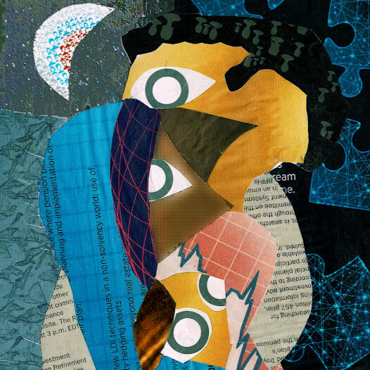 Three abstract characters, a mother, father, and child under a night sky, made out of magazine clippings.