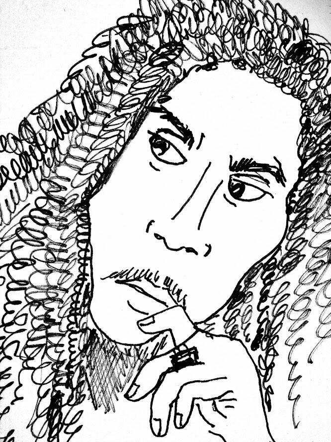 A caricature of a well-known Jamaican celebrity with long dreadlocs, mustache and an inquisitive expression.