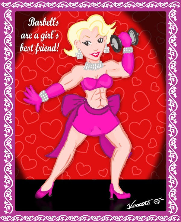 Illustration of a muscular blond woman of European descent with short hair in a bikini and fancy accessories lifting weights.
