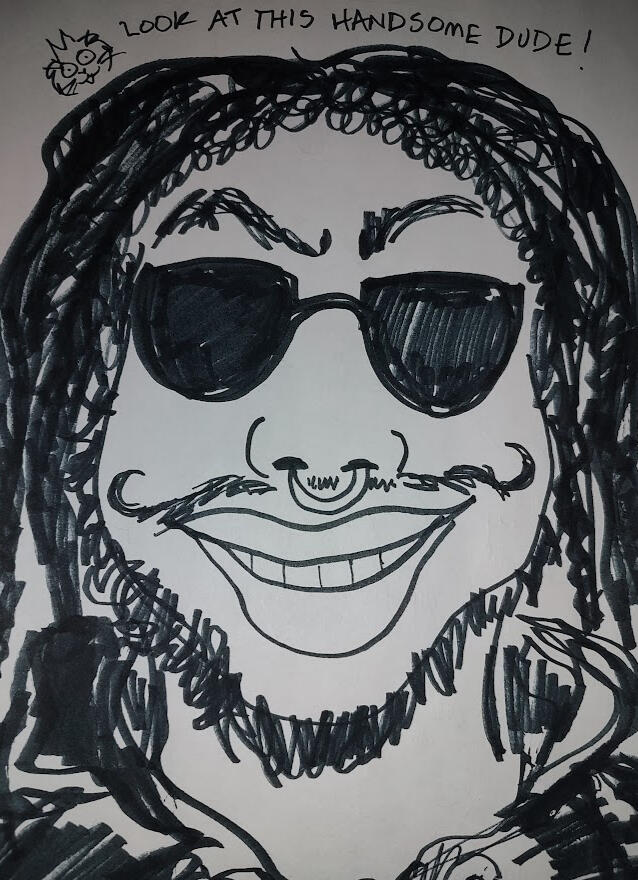 A Black man with sunglasses, a twirly mustache and locs wearing a hoodie.