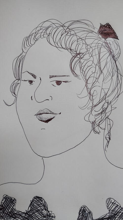 A historical caricature portrait of a Adelaide Crapsey, an European-American woman with a strong jaw, pulled back hair and ruffled dress.
