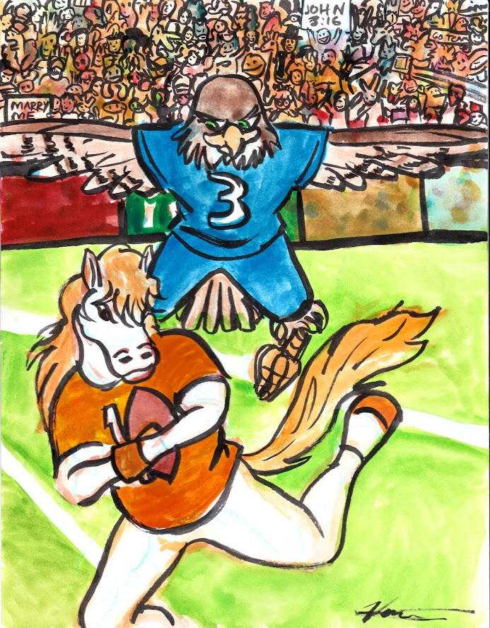 A horse and a hawk playing American football in a large stadium.