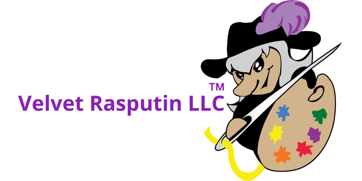 Velvet Rasputin LLC A villain character wearing black, holding a needle with golden thread and a pallet with a rainbow. The character has a big nose and has silver hair.