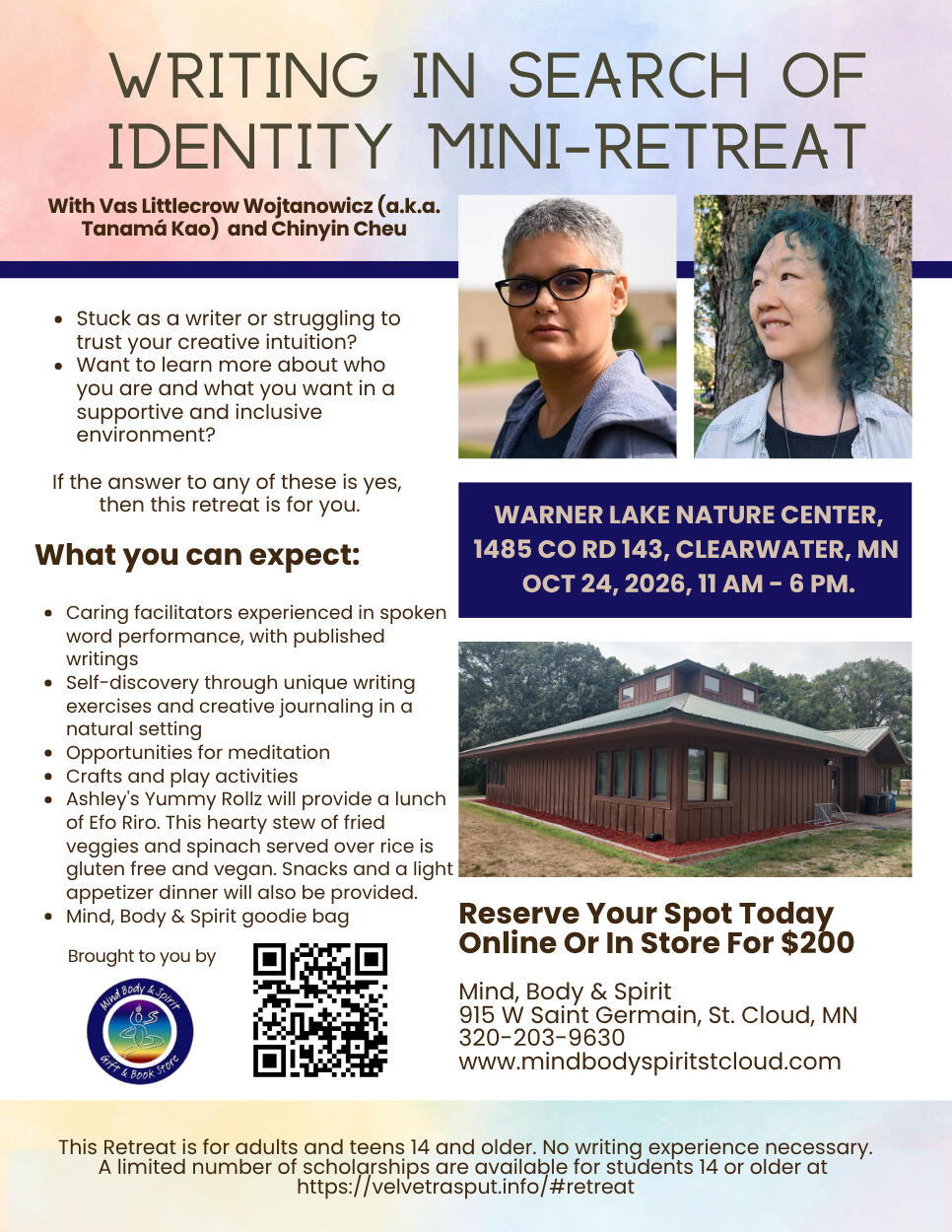 Writing in Search Of Identity Mini-Retreat Do you have trouble finding your voice as a writer, or even knowing who you are and what you desire from life? Join award-winning multidisciplinary artist and writer Vas Littlecrow Wojtanowicz (Tanamá Kao) and co-facilitator, Chinyin Cheu, in a joyful, cre