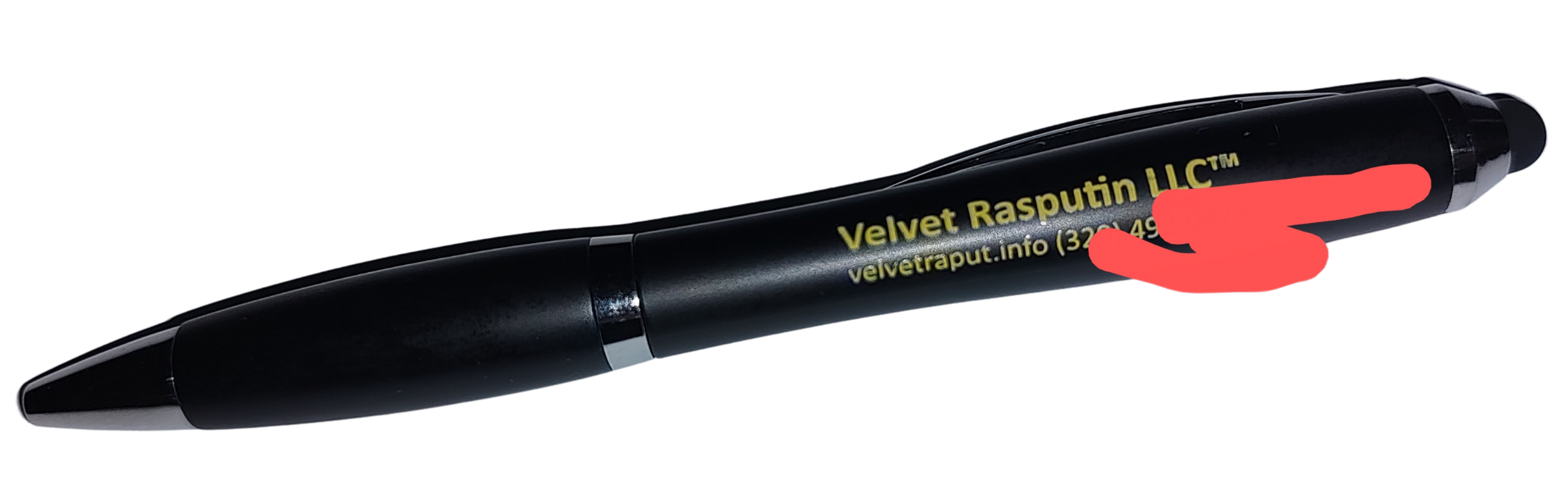 A black promotional pen with a redacted outdated business number and a domain name with a typo.